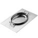 A silver Vollrath stainless steel adapter plate with an au gratin dish inside.