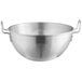 A silver aluminum Choice colander with holes.