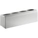 A stainless steel rectangular organizer with four compartments and holes.