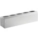 A white rectangular stainless steel flatware organizer with five compartments.
