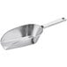 A silver flat bottom aluminum scoop with a handle.
