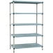 A blue MetroMax metal shelving unit with four shelves.