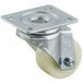 An Avantco caster with a metal wheel and white plastic wheel.