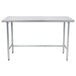 A stainless steel Advance Tabco work table with an open metal base.