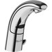 A Sloan chrome deck mounted sensor faucet with a black side mixer handle.