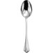 A Oneida stainless steel dessert spoon with a black and white background.