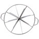 A stainless steel circular pie cutter with eight blades and a handle.