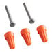 An orange screw and two orange bolts on a white background.