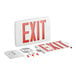 A white square exit sign with red text and a red light.