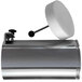 A stainless steel cylindrical vegetable chute with a white tamper on top.