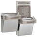 An Elkay stainless steel bi-level water fountain and drink dispenser with hands-free bottle filling stations.