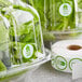 A roll of Point Plus green farm fresh labels next to a roll of tape with green circles.