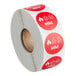 A roll of red Point Plus retail stickers with white labels and the words "fire" and "flame" in red.