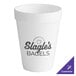 A white Dart styrofoam cup with black customizable text that reads "Stags' Bagels"