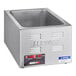 A stainless steel electric countertop food warmer with digital controls and a rectangular basin, branded ServIt.