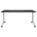 A weathered charcoal rectangular table with T-legs and wheels.