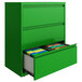 A Hirsh Industries Screamin' Green three-drawer lateral file cabinet with a drawer open and files inside.