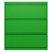 A green file cabinet with three drawers on a white background.