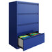 a blue file cabinet with a drawer open