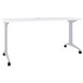 A white rectangular Hirsh Industries office table with black wheels.