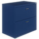 A navy blue Hirsh Industries lateral file cabinet with two drawers and silver handles.