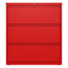 A red file cabinet with three drawers.