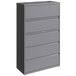 A gray Hirsh Industries steel filing cabinet with drawers.