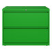 A green Hirsh Industries two-drawer lateral file cabinet.