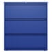 A blue rectangular Hirsh Industries file cabinet with three drawers and black trim.