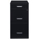 A close-up of a black Hirsh Industries three-drawer file cabinet.