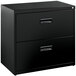 A Hirsh black lateral file cabinet with two drawers.