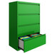 A green Hirsh Industries lateral file cabinet with four drawers.