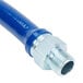 A blue Dormont gas connector hose with a metal nut.