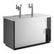 A commercial kegerator beer dispenser with two tap towers, one double and one triple, and a left side compressor.
