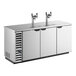 A stainless steel triple tap kegerator beer dispenser with a left side compressor and three doors.