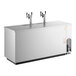 A stainless steel commercial kegerator beer dispenser with two triple tap towers and a left side compressor.