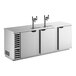 A stainless steel triple tap kegerator beer dispenser with a left side compressor and three doors.