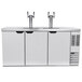 A stainless steel Beverage-Air beer dispenser with two taps on a white counter.
