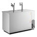 A stainless steel kegerator beer dispenser with one double and one triple tap, featuring a left side compressor and capacity for three half kegs.