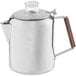 A stainless steel Fox Run stovetop percolator with a wooden handle.