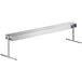 A long rectangular stainless steel metal strip warmer with adjustable legs.