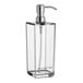 An American Metalcraft clear plastic square hand sanitizer dispenser with a stainless steel pump.