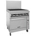 A large stainless steel Vulcan gas range with a convection oven base.