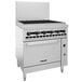 A large stainless steel Vulcan gas range with black knobs and a standard oven base.