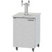 A stainless steel Beverage-Air beer dispenser with a double tap on wheels.