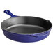 a blue skillet with a handle