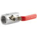 An Avantco stainless steel drain valve with a red handle.