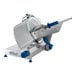 A silver Edlund medium-duty manual meat slicer with a blue handle.