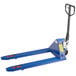 A blue Lavex pallet jack with a black handle.