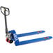 A blue rectangular Lavex pallet jack with a red handle.